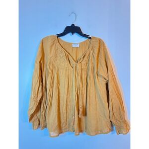 Talisman Peasant Blouse Womens M/L Mustard Yellow Boho Cotton Smocked Tassel Top